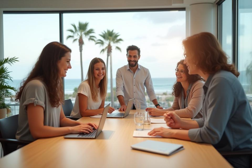 Diverse Currents Bloom team collaborating in a bright, modern office with a view of Santa Monica's oceanfront.
