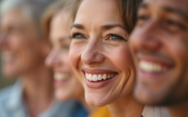 Collage of diverse, happy people connecting online, representing a wellness community.