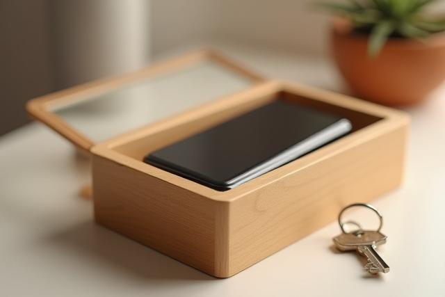 Stylish wooden box for locking away smartphones